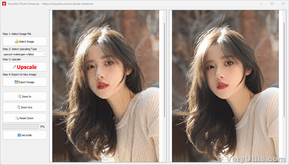 VeryUtils AI Image Upscaler is AI Smart PNG / JPG Image Upscaler. Upscale  Enlarge And Enhance Your Images. Automatically increase resolution using AI  image processing