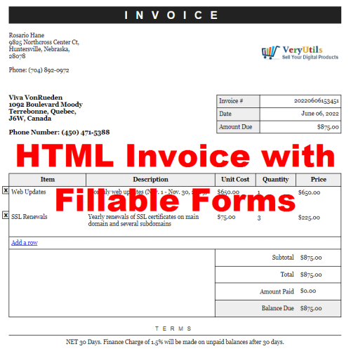 VeryUtils HTML Invoice with Fillable Forms